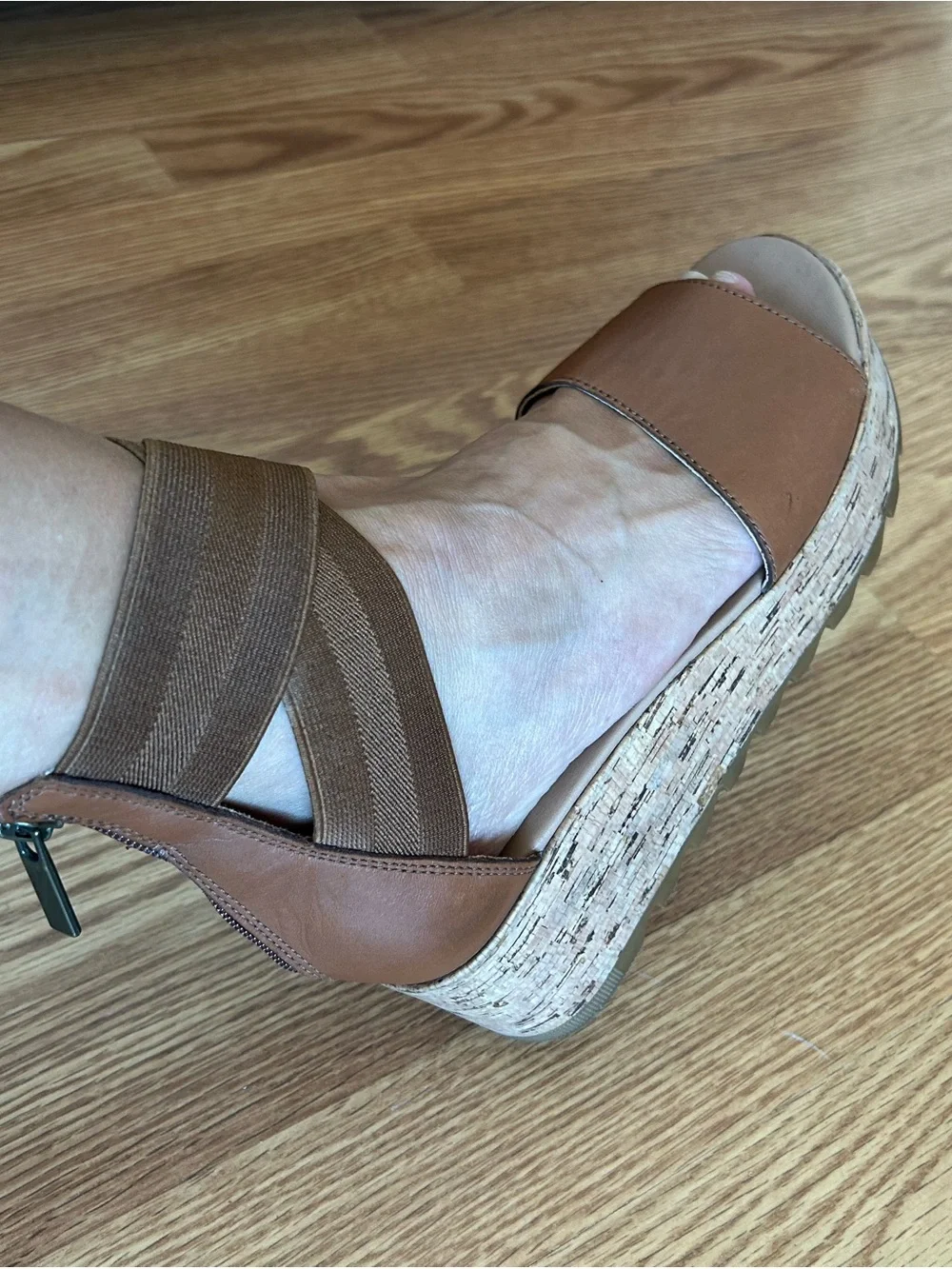 Sorel Cameron Brown Cork Wedge Sandals with Elastic Ankle Straps
